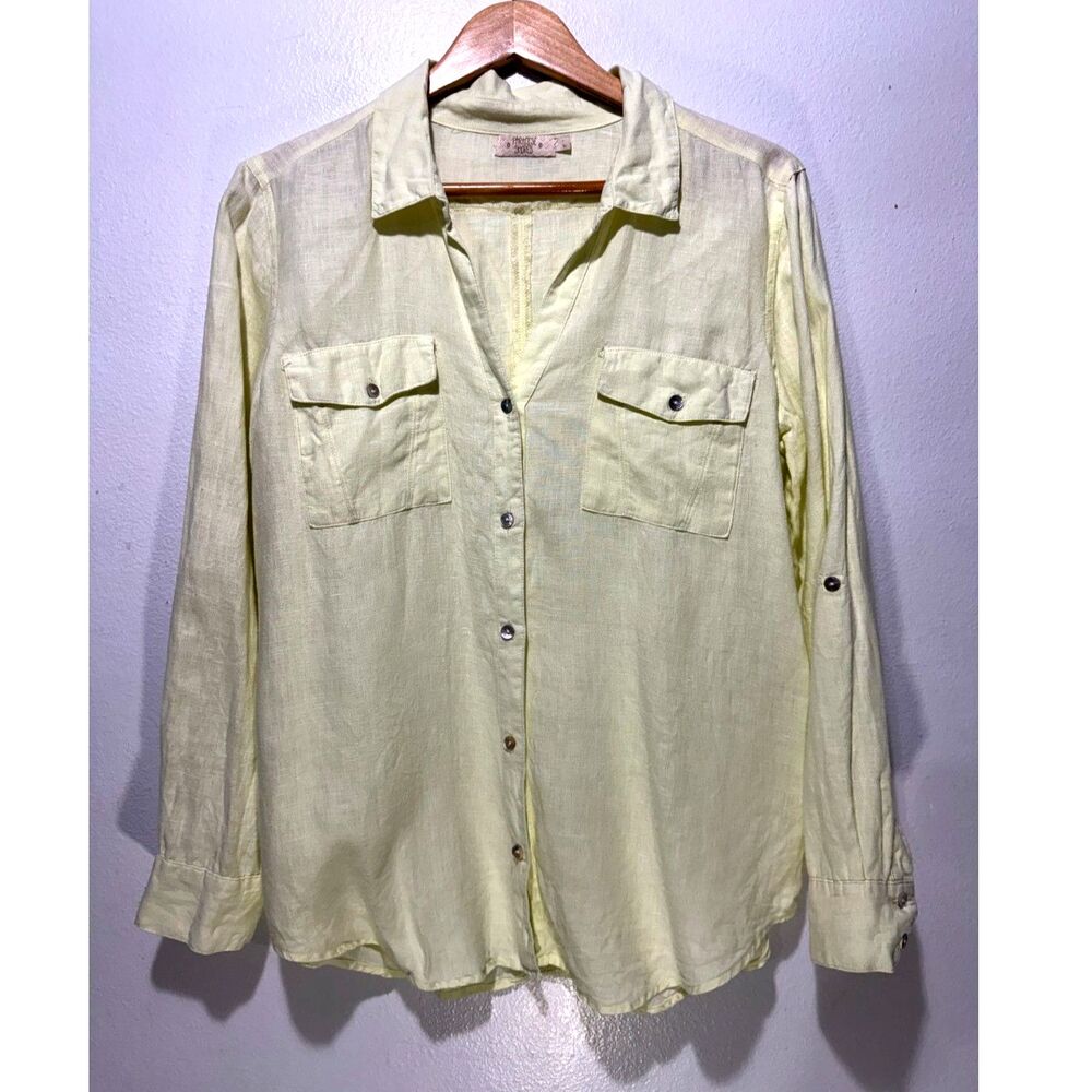Paradise Shores 100% linen button up shirt summer beach vacation yellow women L